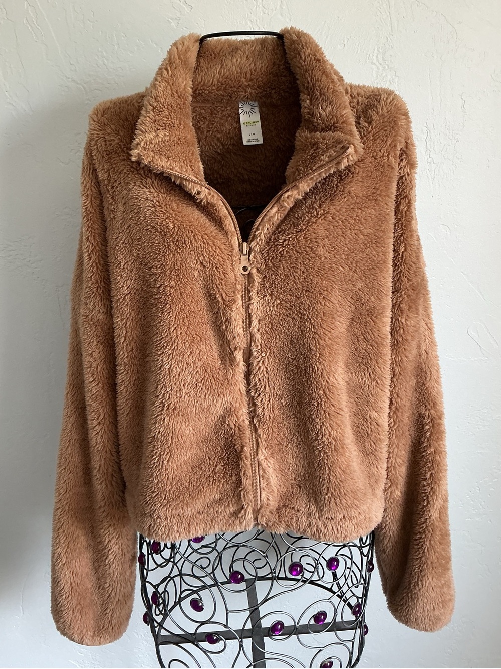 Aerie Offline Cozy Teddy Bear Zip Front Jacket - Caramel